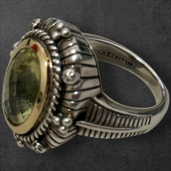 Designer 14k & Sterling Green Citrine Faceted Size 7 Ring - Picture 6 of 6